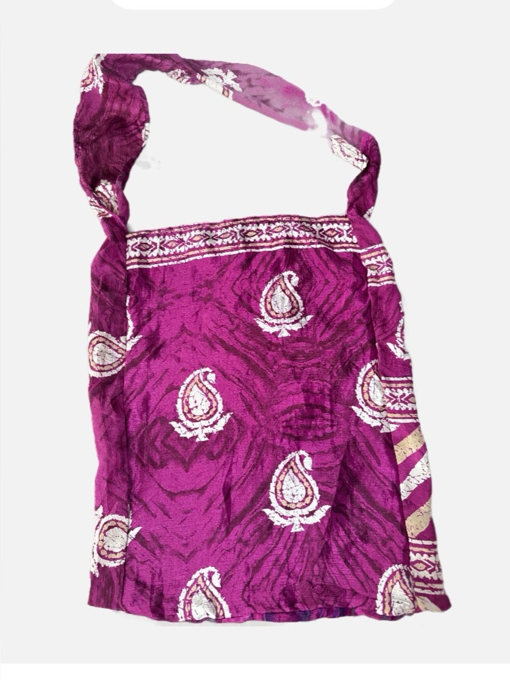 Raj Purple Burgundy Cream Printed Sari Silk Hobo Tote Bag
